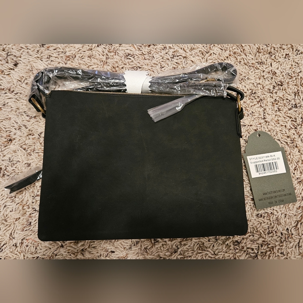 Vegan Suede Black Crossbody V-shape Zipper Detail and Decorative Tassel BNWT - Picture 2 of 3